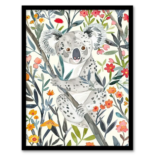 Happy Koala Bear on Blooming Tree Watercolour Black Framed Wall Art Print A4