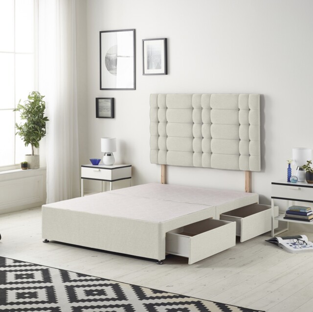 Astoria Divan Bed Base with 2 Drawers & 30 Inch Diamante Headboard in Plush Velvet Cream Ivory Double