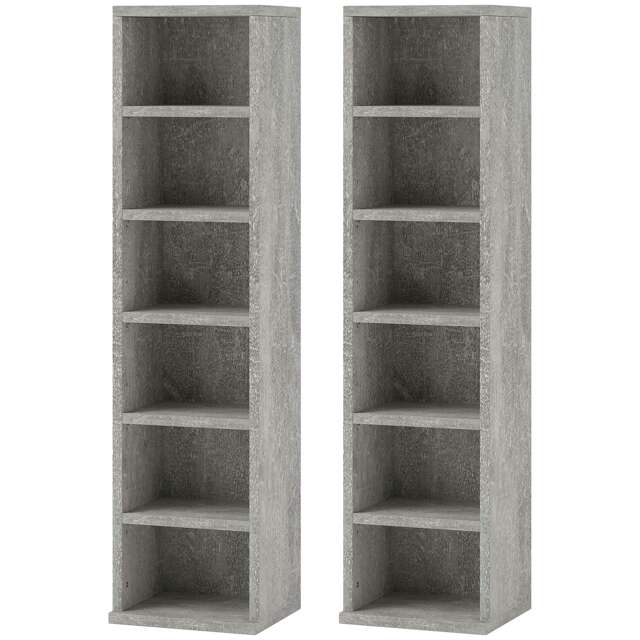 HOMCOM 204 CD Media Display Shelf Unit Set of 2 Blu-Ray Tower Rack w Adjustable Shelves Bookcase Storage Organiser, Cement Grey