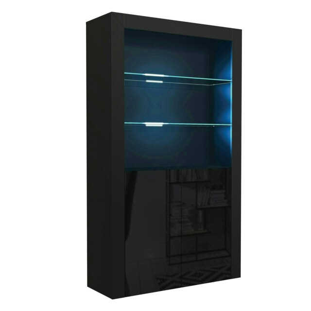 Black Display Cabinet 100cm Gloss Doors Free LED Modern Tall Unit Black