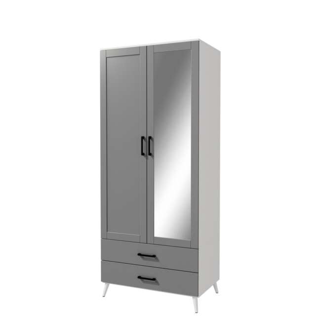 2-Door 2-Drawer Mirror Wardrobe with Legs White White & Grey 55 x 9.5 x 149 1