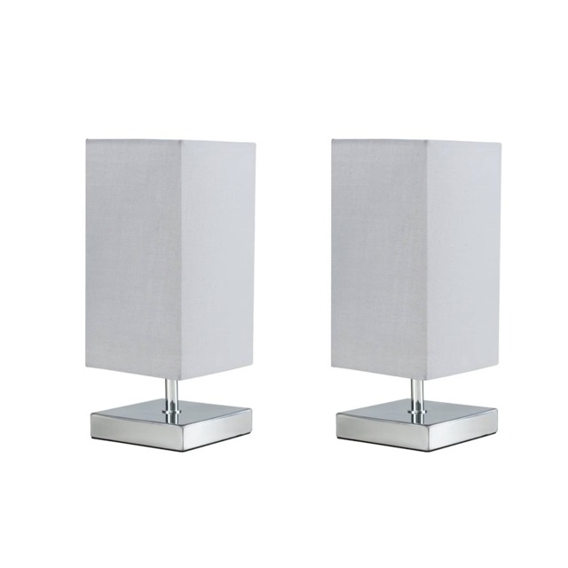 ValueLights Pair Yuko Chrome Touch Table Lamps Grey Shades & Bulbs Silver