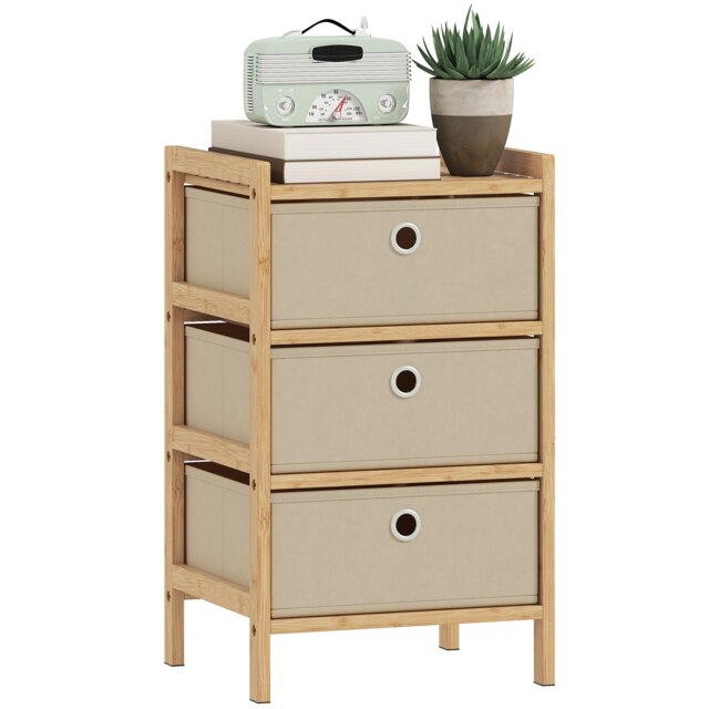 HOMCOM Chest of Drawers, 3 Drawers Dresser with Bamboo Frame Cream Cream White Not provided