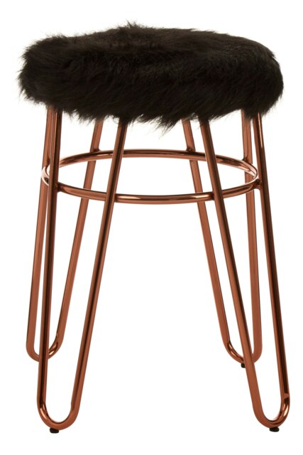 Orsina Rose Gold Metal and Black Faux Fur Stool, Small Hairpin Round Stool, Plush Fur Stool for Lounge, Bedroom