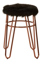 Orsina Rose Gold Metal and Black Faux Fur Stool, Small Hairpin Round Stool, Plush Fur Stool for Lounge, Bedroom