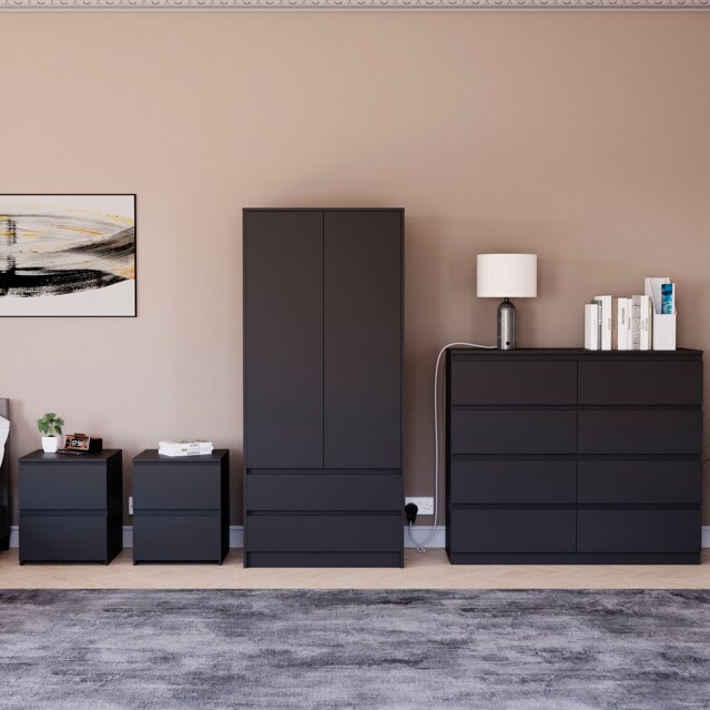 Vida Designs Denver 4 Piece Bedroom Set (2 Drawer Large Bedside Chest x2, 8 Drawer Chest, 2 Door 2 Drawer Wardrobe), Black Black Black L 4