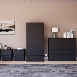Vida Designs Denver 4 Piece Bedroom Set (2 Drawer Large Bedside Chest x2, 8 Drawer Chest, 2 Door 2 Drawer Wardrobe), Black Black Black L 4