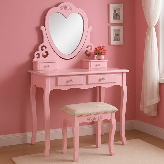 Dressing Table With Mirror Stool Vanity Dresser Bedroom Pink Love Heart