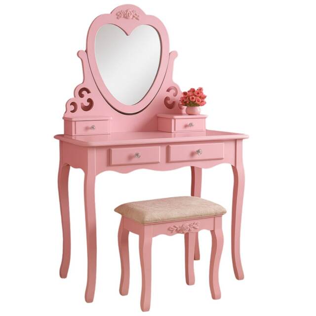 Dressing Table With Mirror Stool Vanity Dresser Bedroom Pink Love Heart
