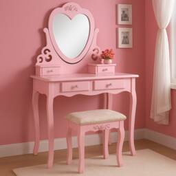 Dressing Table With Mirror Stool Vanity Dresser Bedroom Pink Love Heart