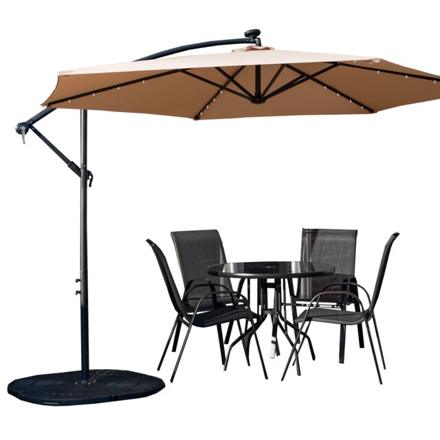 Outdoor 4 Person Round Glass Top Garden Dining Table Chairs With Beige Banana Lit Parasol and Base