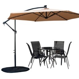 Outdoor 4 Person Round Glass Top Garden Dining Table Chairs With Beige Banana Lit Parasol and Base