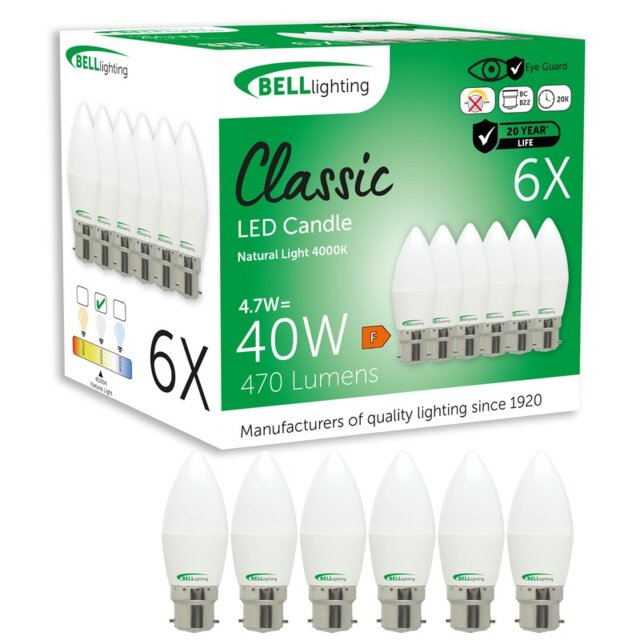 BELL Lighting B22 Bayonet LED Candle 4.7W Energy Saving Light Bulb White Cool White - 4000k 6