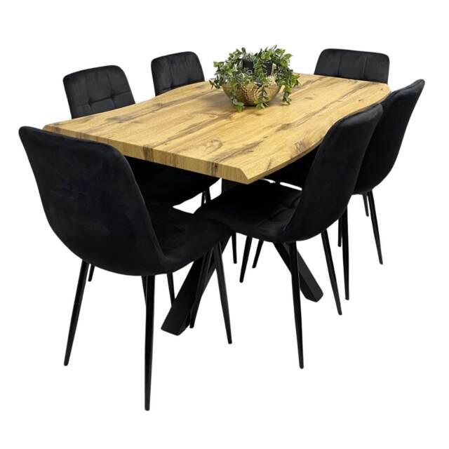 Wooden Dining Table with 6 Black Velvet Chairs, Stylish Dining Room Furniture
