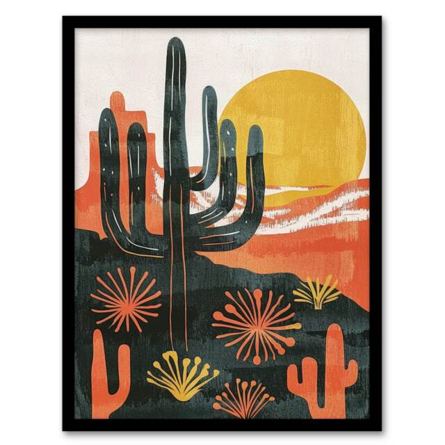 Desert Cactus Sunset Simple Bobo Cacti Home Decor Black Framed Wall Art Print A4