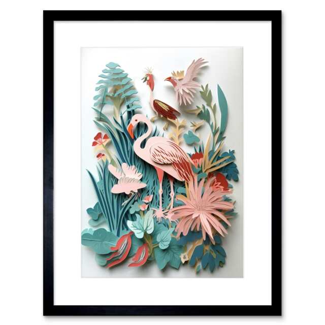"Tropical Plants Birds Multidimensional Paper Kirigami 9x7"" Black Framed Wall Art Print"