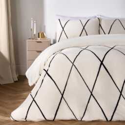 OHS Diamond Check Teddy Fleece Bedding Set Winter Duvet Cover with Pillowcase White Mono King