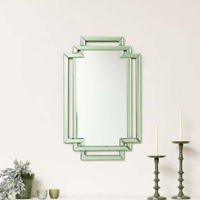Green Glass Art Deco Rectangle Wall Mirror - 80cm X 50cm