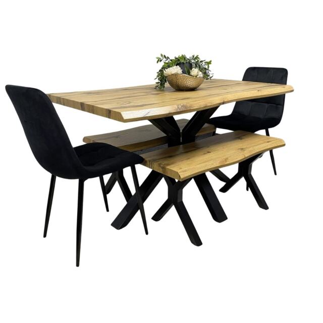 Wooden Dining Table with Benche and 2 Black Velvet Chairs, Stylish Dining Room Furniture