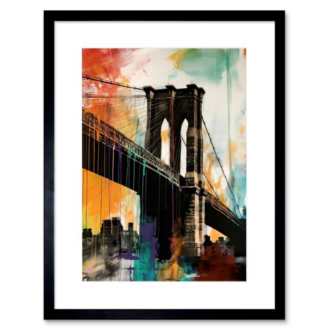 "Brooklyn Bridge Drip Paint Cityscape 9x7"" Black Framed Wall Art Print"
