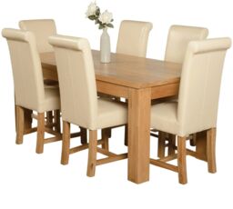 Dakota 182 x 92cm Oak Large Dining Table and 6 Washington Leather Chairs Cream Cream