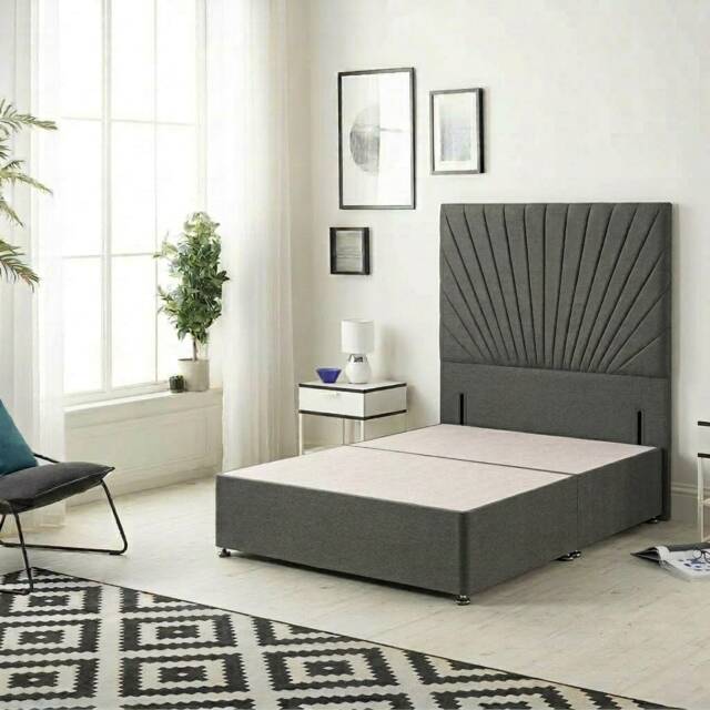 Sunburst Divan Bed with 54'' Floor Standing Headboard Tweed Fabric Grey Charcoal