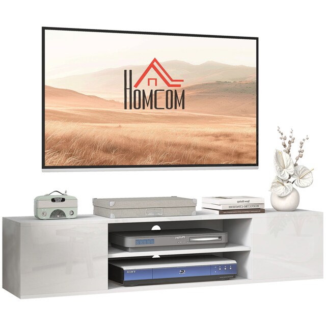 HOMCOM Floating TV Stand Cabinet for TVs up to 60 , Wall Mounted TV Unit with Open Shelf, Storage Cupboards and Cable Management for Living Room, White