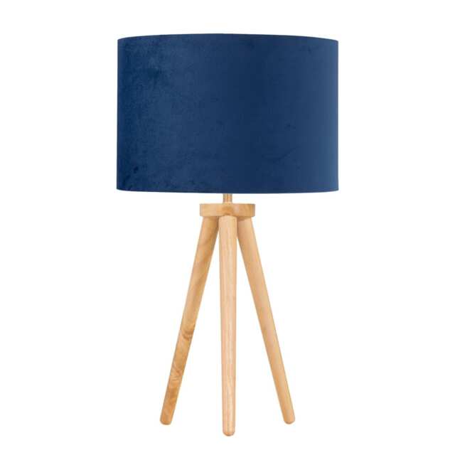 Voyage - Light Oak Table Lamp or Bedside Light with Blue Velvet Shade Brown Blue Large 1