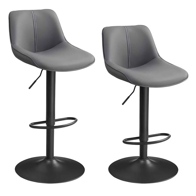 Adjustable Kitchen Bar Stools, Set of 2 Swivel Counter Chairs with Quilted Synthetic Leather Seat, Slate Grey