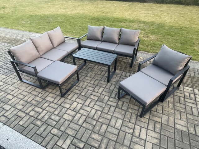 Fimous Aluminium 6 Pieces Garden Furniture Set with Cushions 9 Seater Outdoor Patio Lounge Sofa Set with Armchair 2 Big Footstools Dark Grey