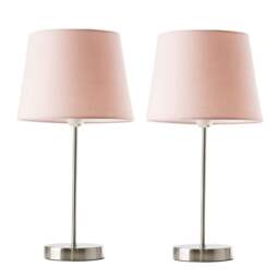 ValueLights Charlie Pair Brushed Chrome Table Lamps Pink Taper Shades