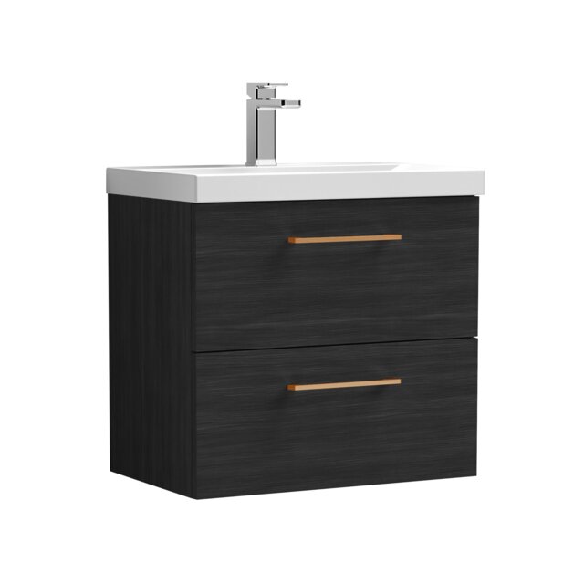Balterley Wall Hung Bathroom 2 Drawer Vanity Unit and 1 Tap Hole Ceramic Basin, with Handles Black Charcoal Black