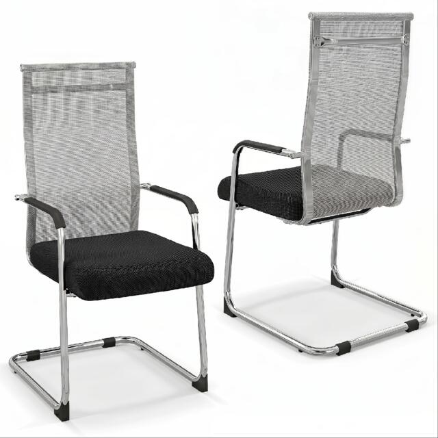Office Guest Chairs Set of 2, Meeting Room Conference Chair w/ Metal Sled Base & Armrests, Soft Seat Cushion, Mid-Back Mesh Reception Chair for Home, Office, Grey