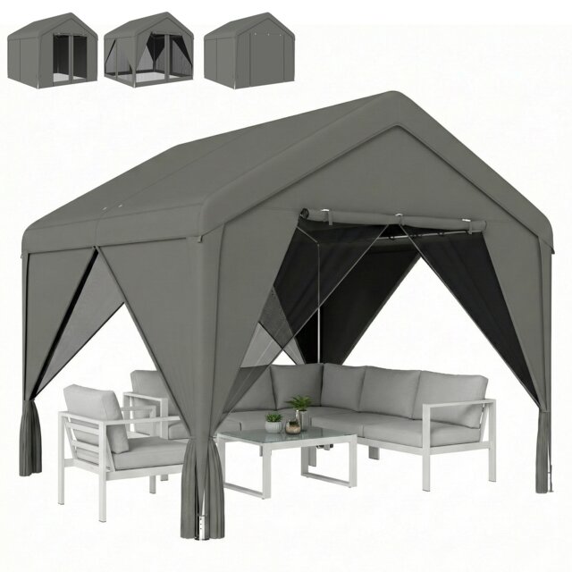 Outsunny 3 x 3 m Outdoor Patio Gazebo with Netting and Curtains, Dark Grey Grey Dark Grey 295L x 300W x 278H cm