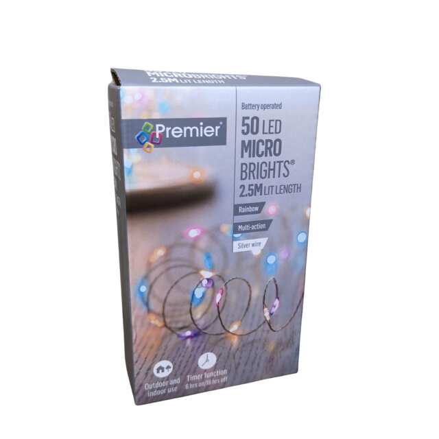 50 LED 2.5m Premier MicroBrights Indoor Outdoor Christmas Multi Function Battery Operated Lights with Timer on Pin Wire in Rainbow
