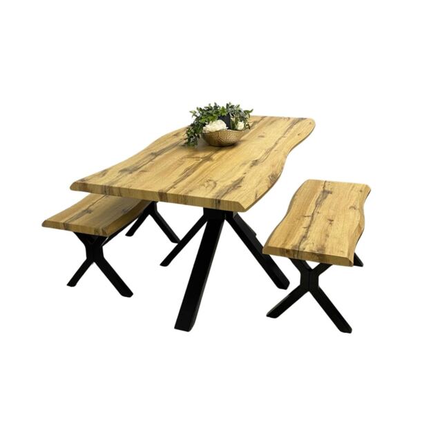 Wooden Dining Table and 2 Benches Set with X-Shaped Iron Legs, Curved Edge for Dining Room