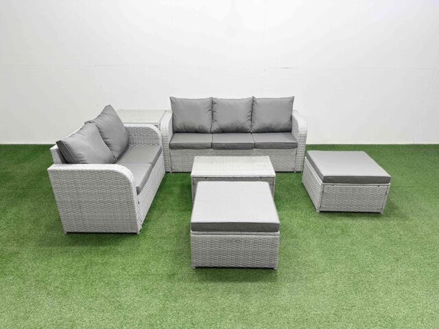 Fimous 7 Seater PE Rattan Wicker Garden Furniture Patio Conservatory Sofa Set with Rectangular Coffee Table 3 Seater Sofa Love Sofa 2 Big Footstool Side Table