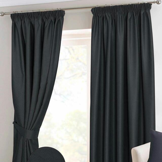 Homescapes Black Herringbone Chevron Blackout Curtains Pair Pencil Pleat - 46x72 Inches Black Black