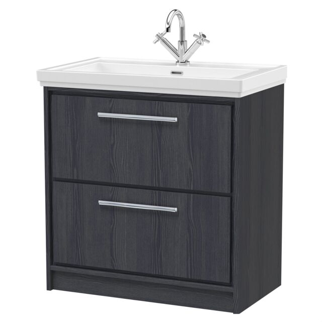Balterley Longnor 2 Drawer Floor Standing Vanity Unit with 1 Tap Hole Traditional Fireclay Basin, Woodgrain Graphite Grey, 800mm