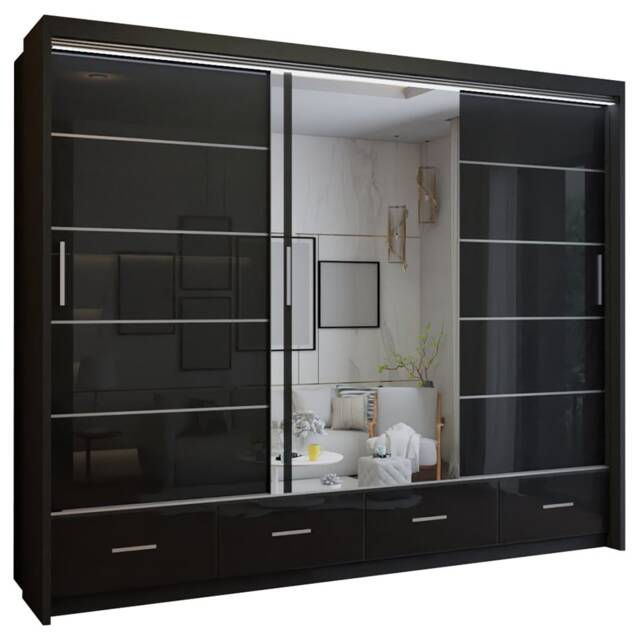 Spacious High Gloss Contemporary Wardrobe with Mirrored Sliding Doors and Drawers - Black 255cm