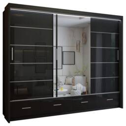 Spacious High Gloss Contemporary Wardrobe with Mirrored Sliding Doors and Drawers - Black 255cm