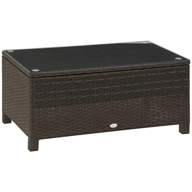 Outsunny Garden Rattan Side Table,Wicker Coffee Desk, Glass Top, Mixed Brown Brown