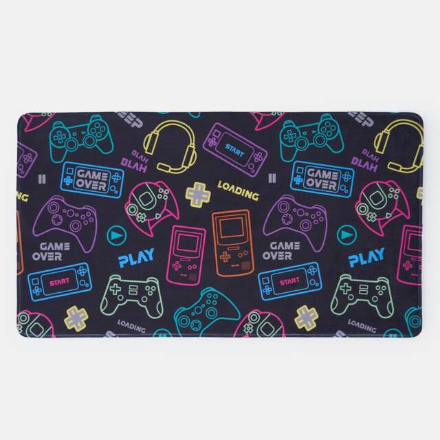 OHS Kids Gaming Print Super Soft Washable Anti-Slip Indoor Bedroom Floor Mat Rug, 65x120cm - Black