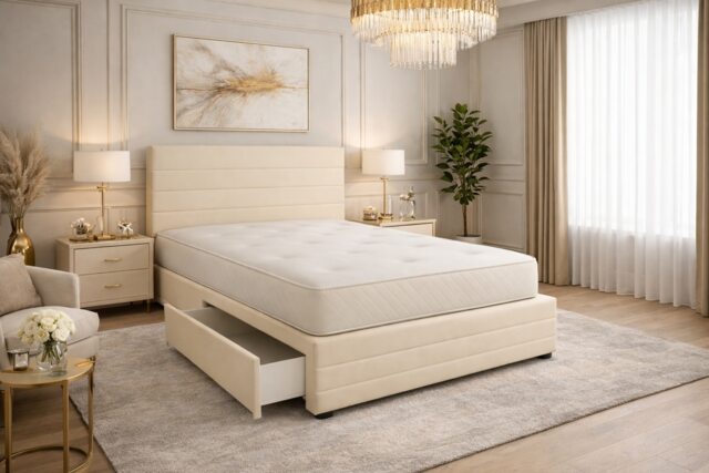 Divan Bed Set Headboard and Footboard with Mattress 4ft Small Double Cream Suede Storage 2 Drawers Left Side Laying in Bed