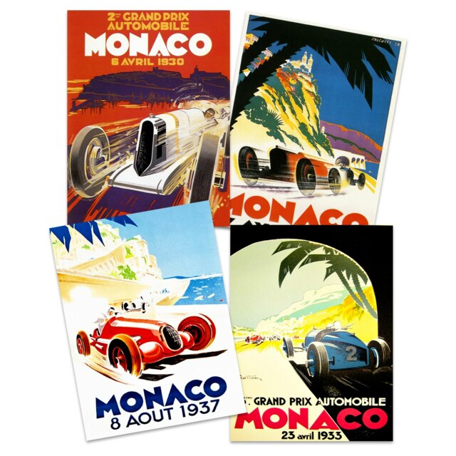 Set of 4 Monaco Grand Prix Race Vintage Advert Racing Motor Sport 1930s Gift For Dad Wall Art Prints 12x16