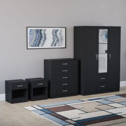 Vida Designs Riano 4 Piece Bedroom Set (2x 1 Drawer Bedside Chest, 5 Drawer Chest, 3 Door 2 Drawer Mirrored Wardrobe) - Black