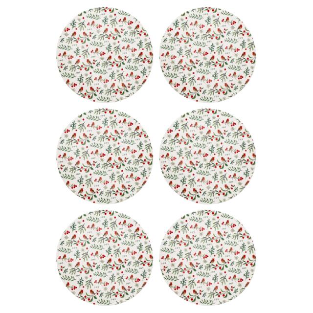 Set of 6 Plastic Charger Plates Festive Christmas Red Robin White Holly 33cm