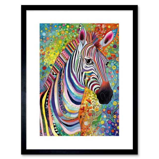 "Folk Art Zebra Colourful Flower Boho 9x7"" Black Framed Wall Art Print"