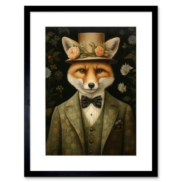 "Fox Floral Victorian Suit Top Hat Surreal 9x7"" Black Framed Wall Art Print"