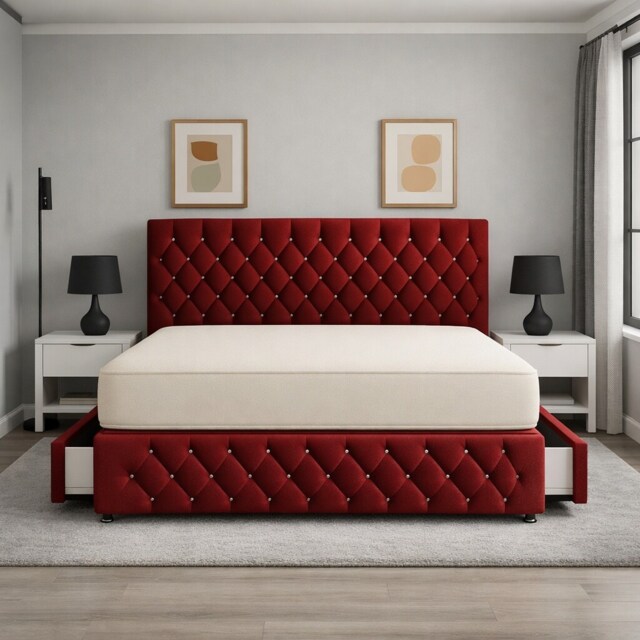 6FT Superking Burgundy Plush Velvet Divan Bed With Headboard & Footboard and Memory Sprung Mattress No Drawers